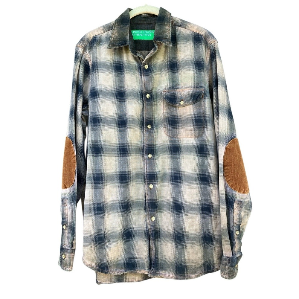 Vintage United Colors Benetton Plaid Flannel Shirt Mens M Corduroy Elbow Patches